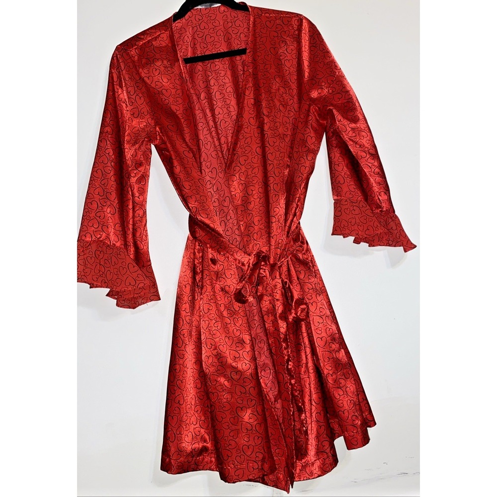 Red Romantic Satin Robe Womens Medium Black Script Hearts Morgan Taylor